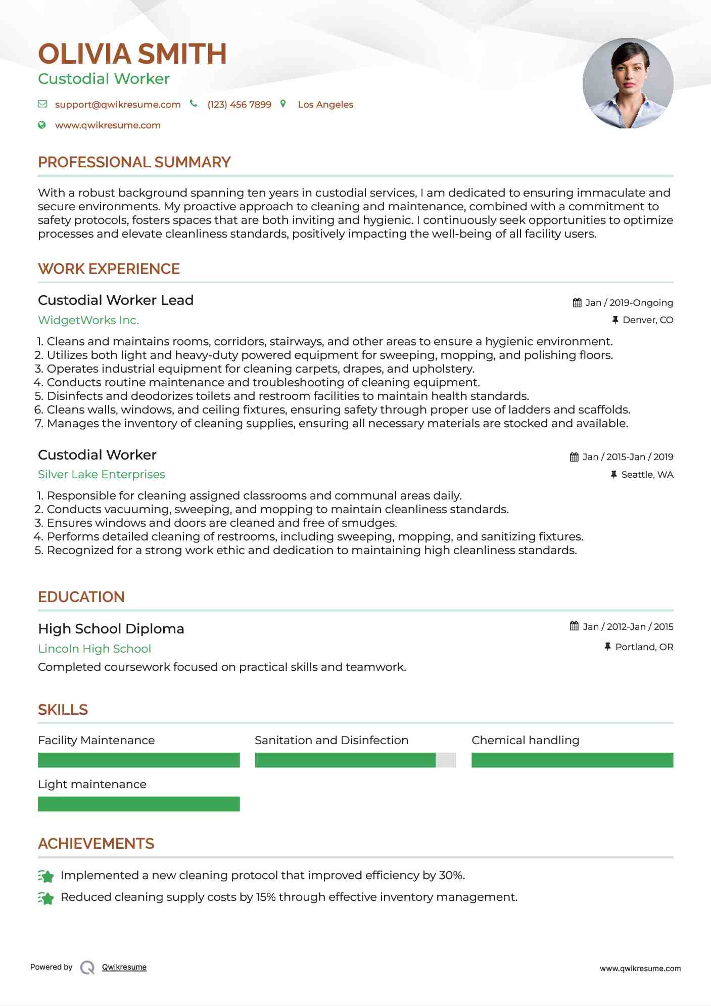 Custodial Worker Lead  Resume Template