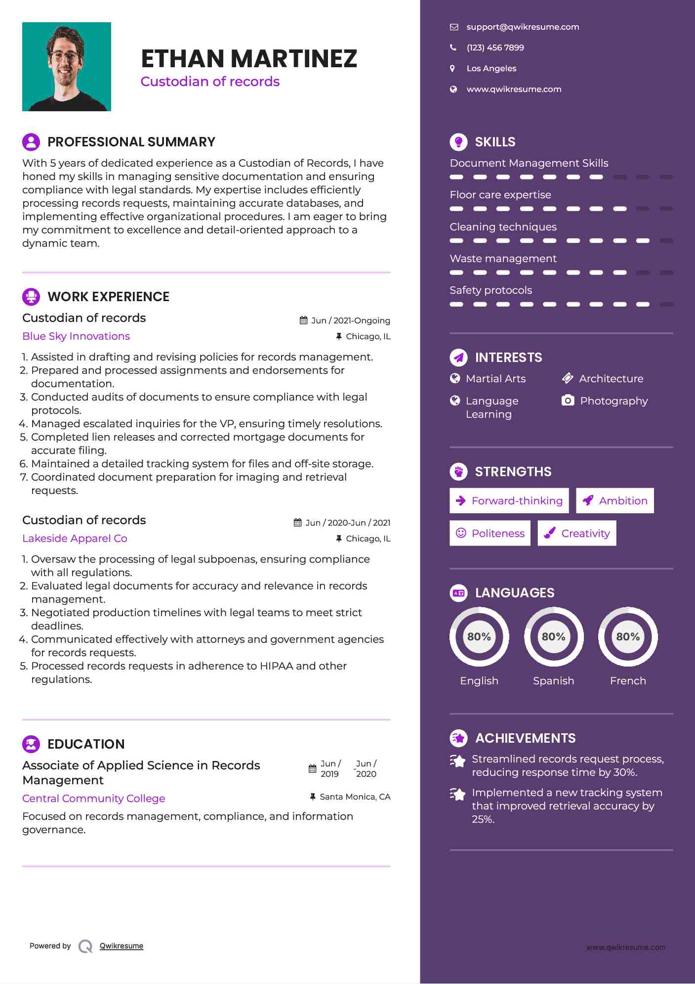 Custodian of records Resume Template