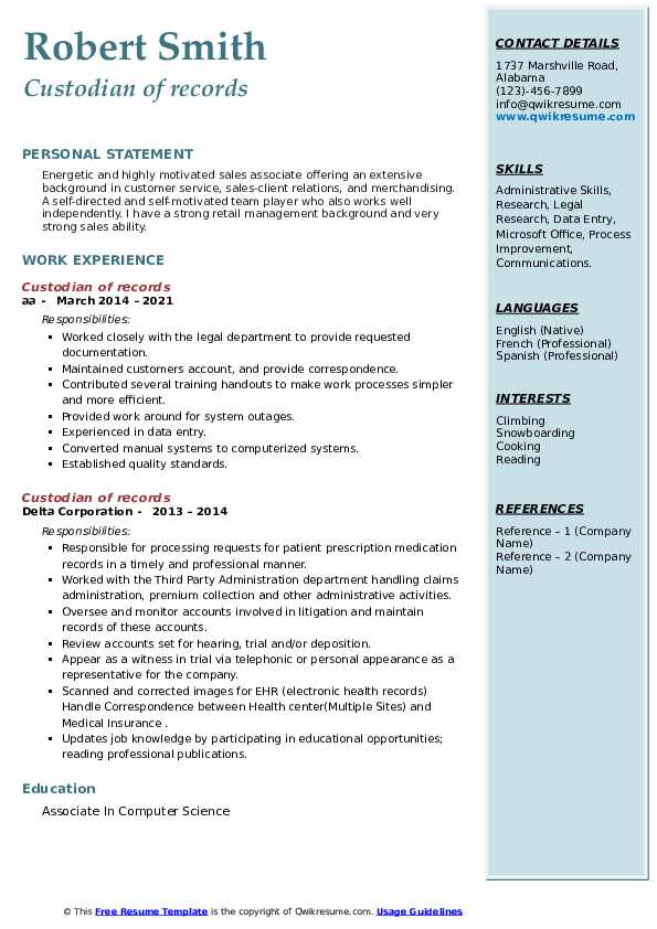 Custodian of records Resume Samples QwikResume