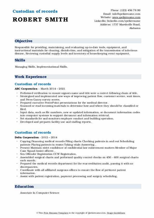 Custodian of records Resume Samples QwikResume