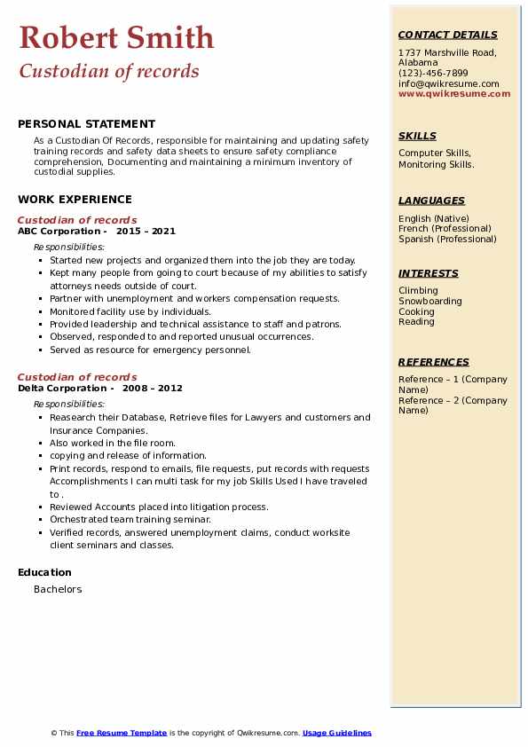 Custodian of records Resume Samples QwikResume