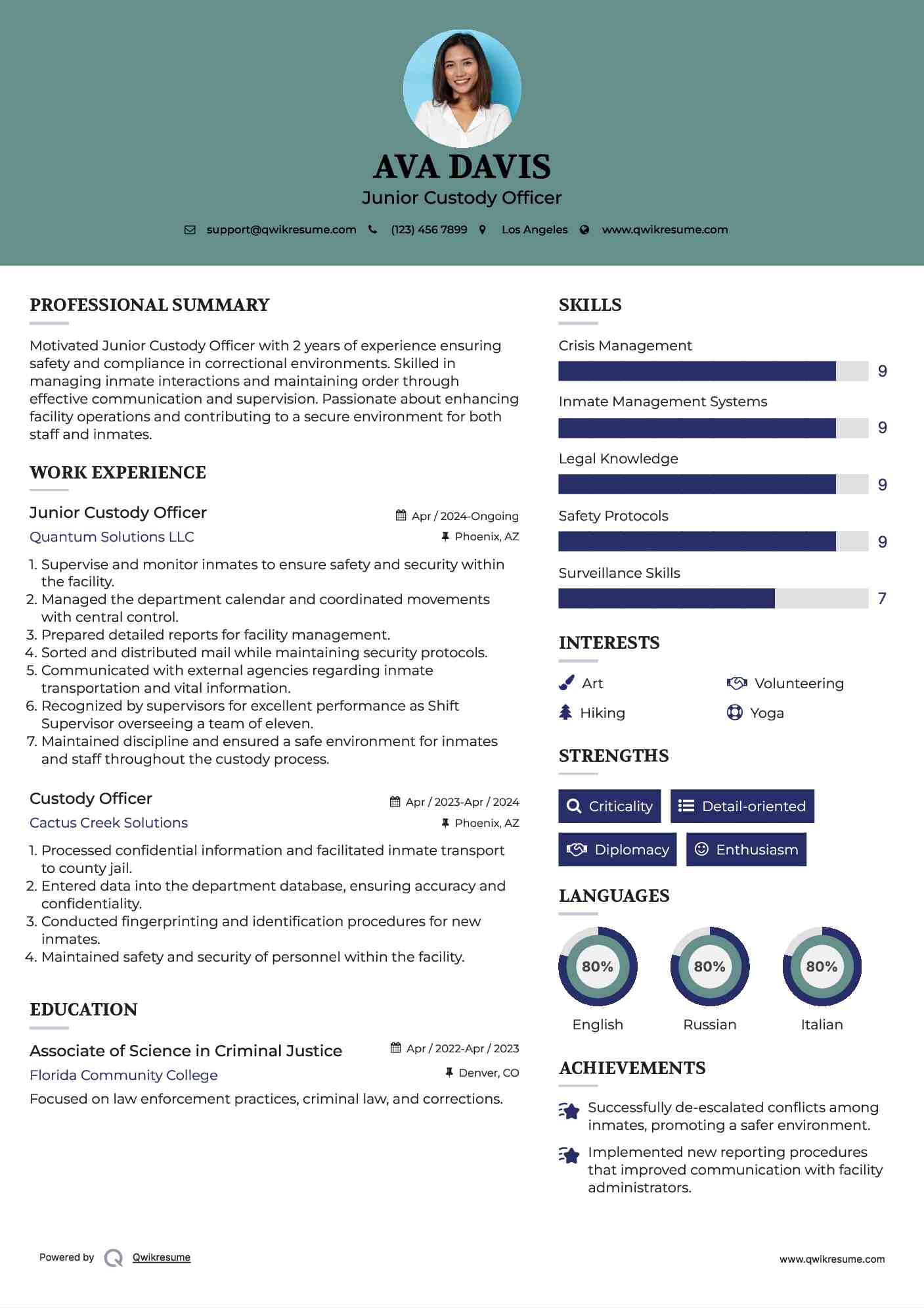 Junior Custody Officer Resume Sample