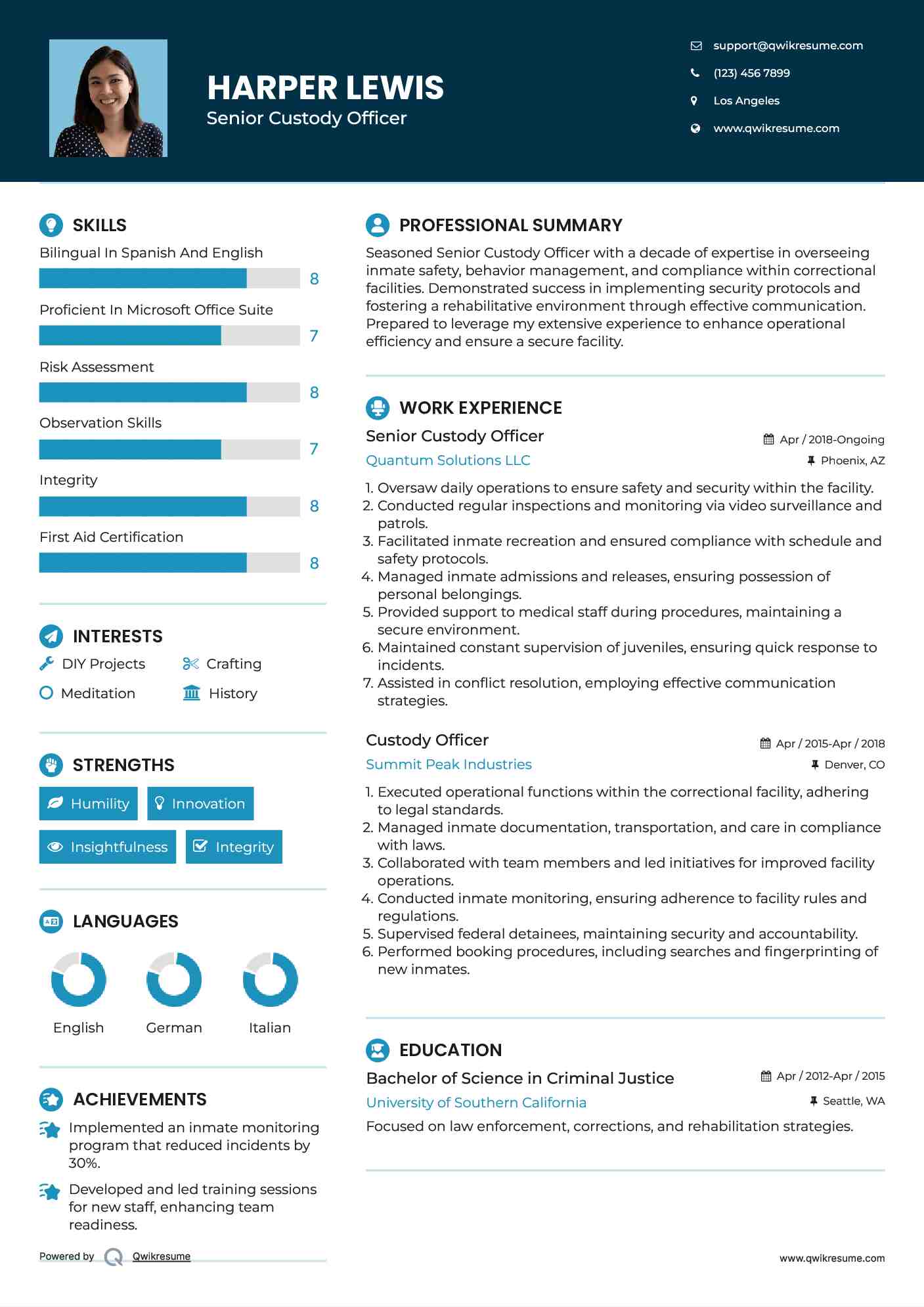 Senior Custody Officer Resume Sample