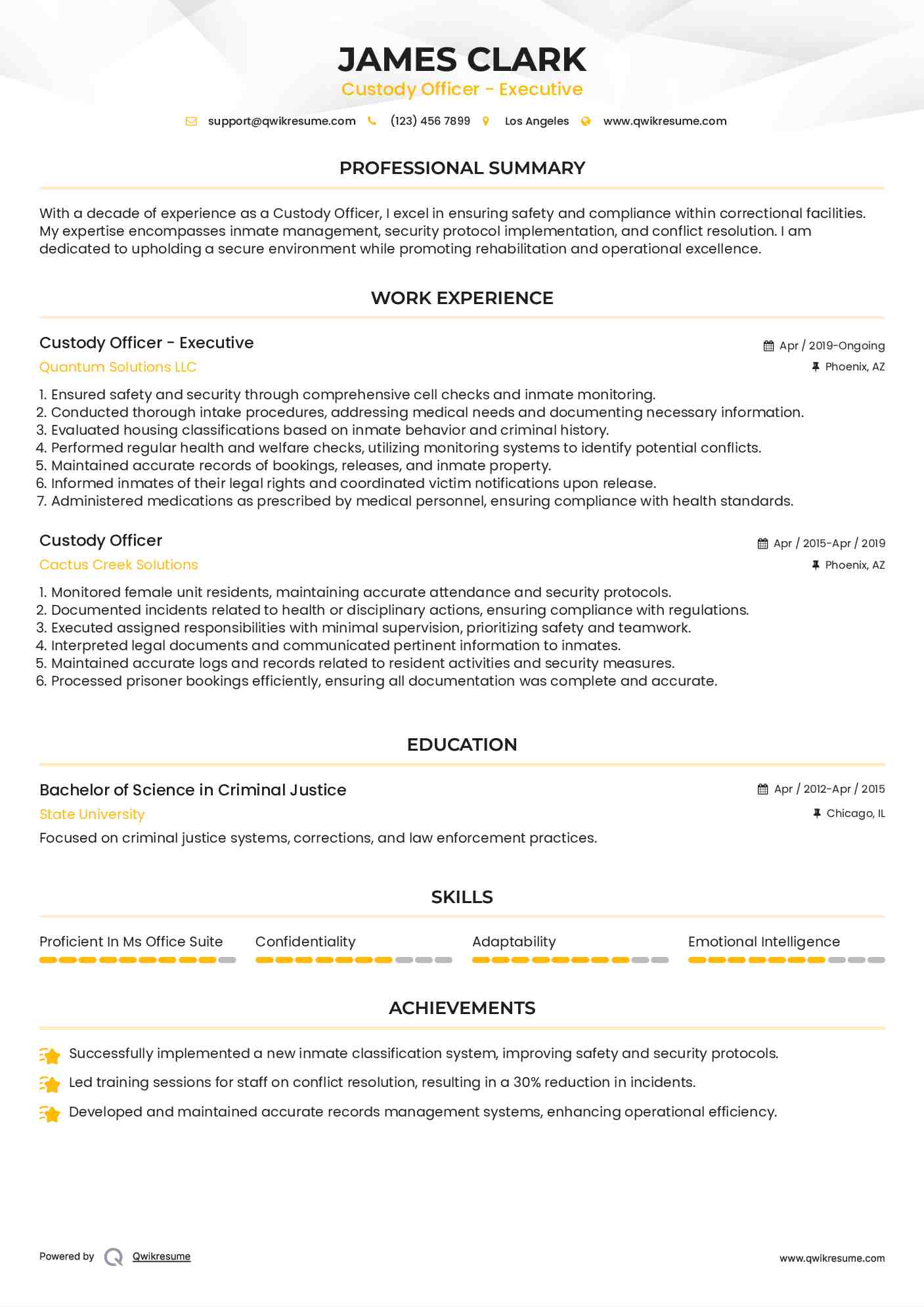 Custody Officer - Executive Resume Format