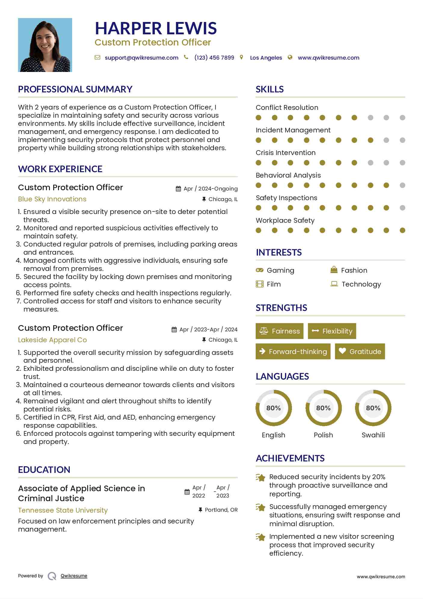 Custom Protection Officer Resume Sample