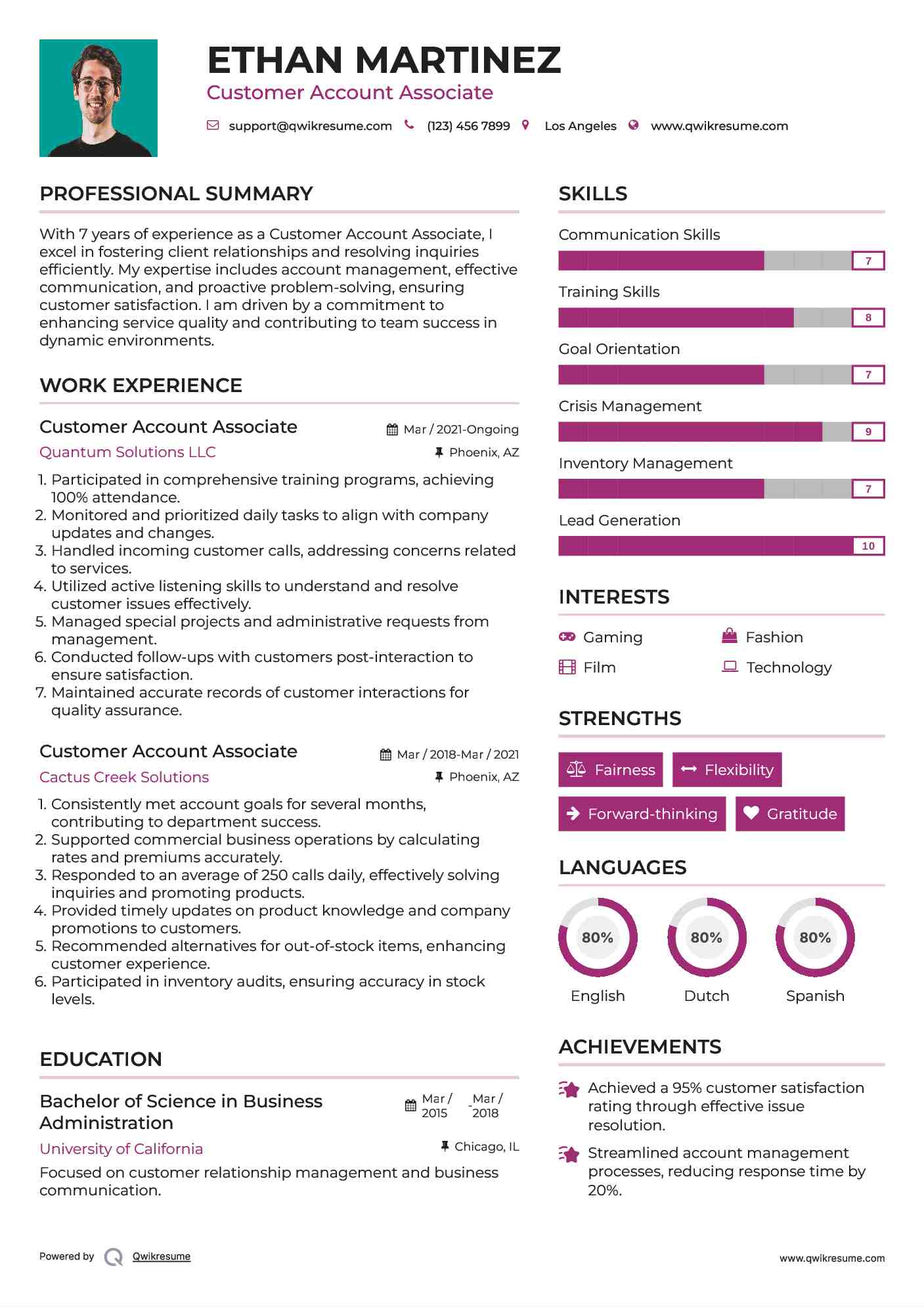 Customer Account Associate Resume Sample