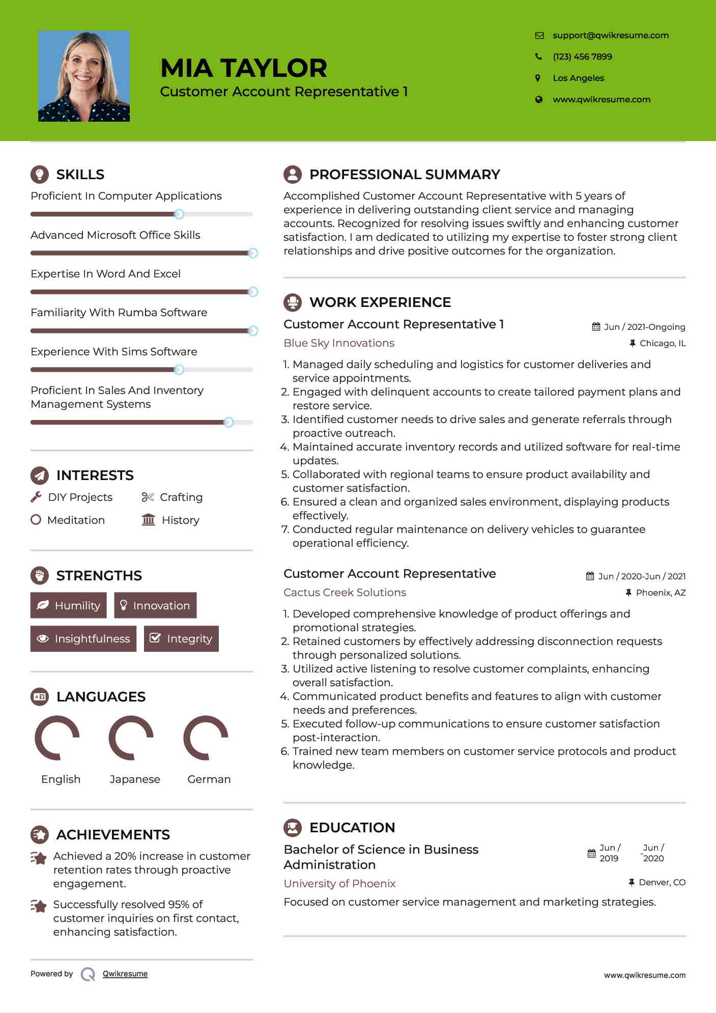 Customer Account Representative 1 Resume Format