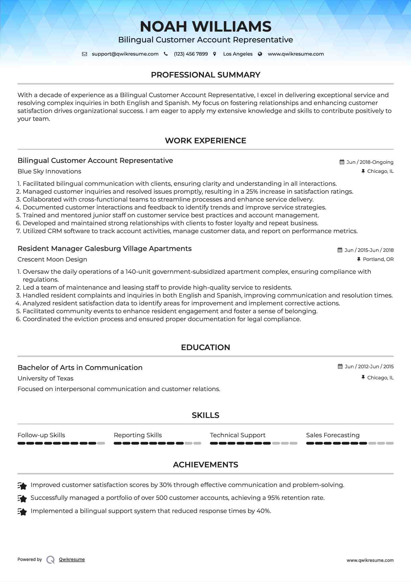 Bilingual Customer Account Representative Resume Format
