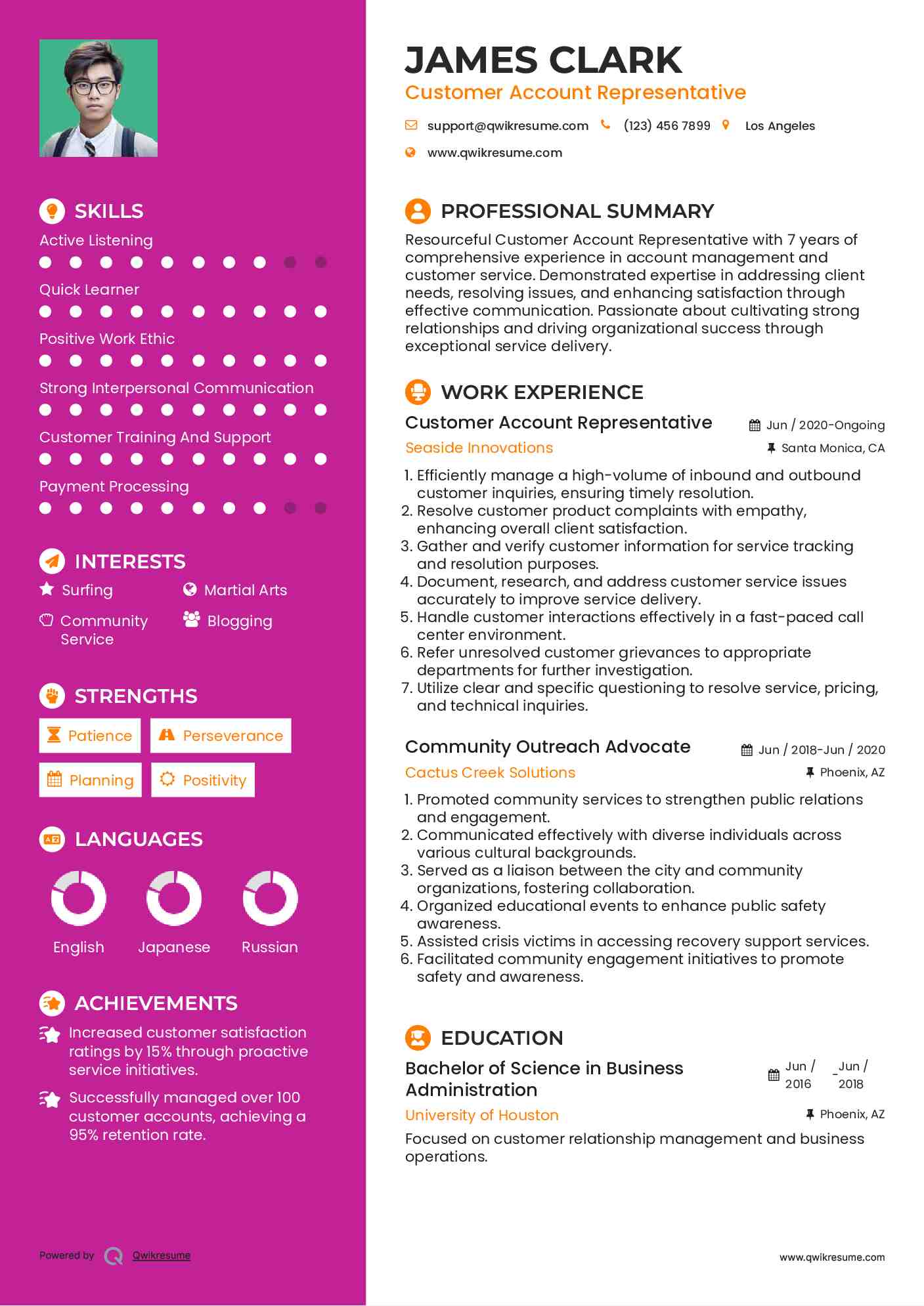 Customer Account Representative Resume Sample