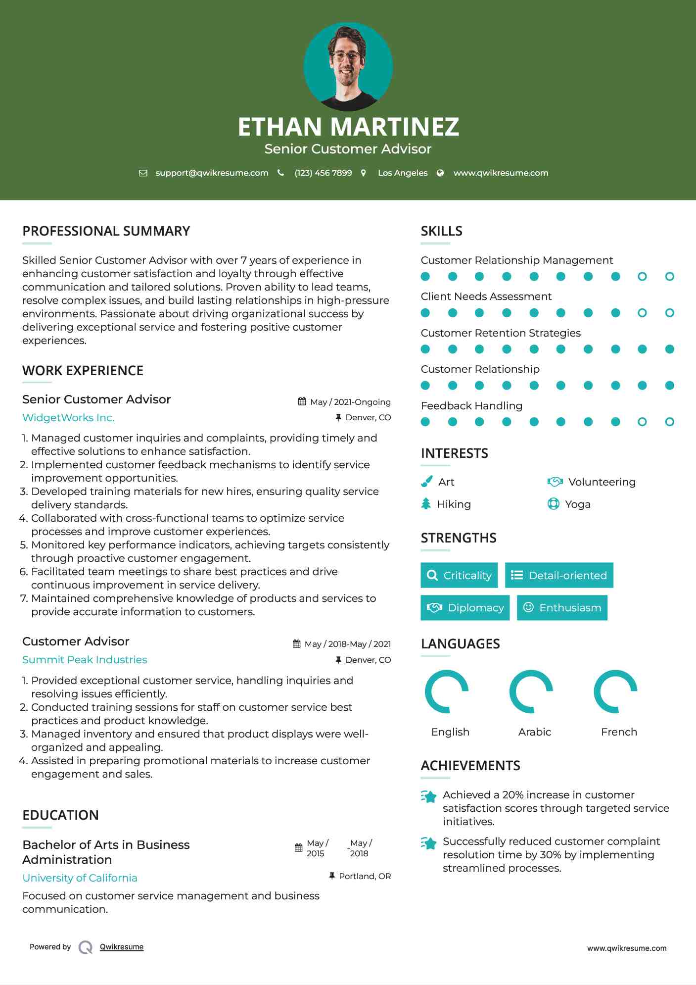 Senior Customer Advisor Resume Format