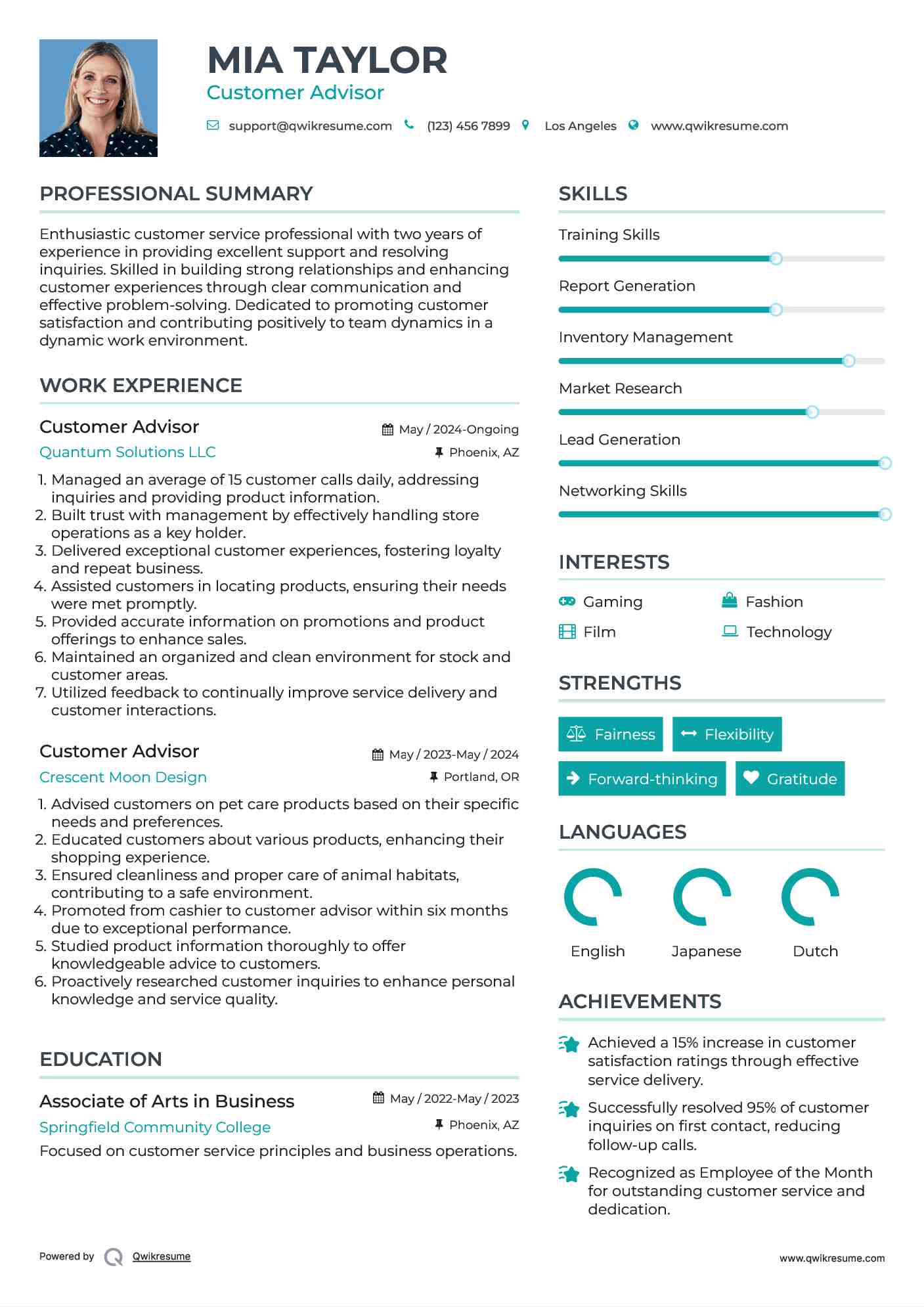 Customer Advisor Resume Format