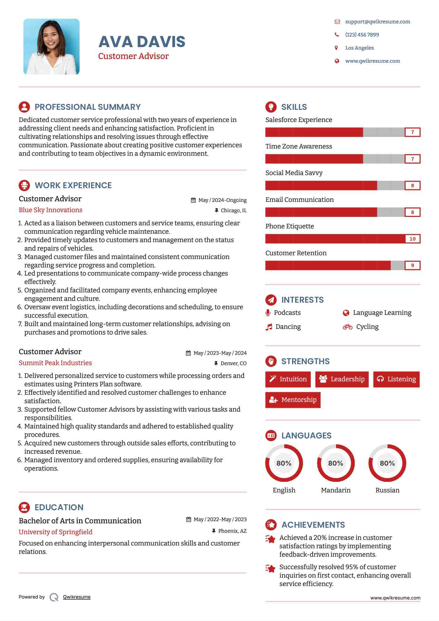Customer Advisor Resume Format