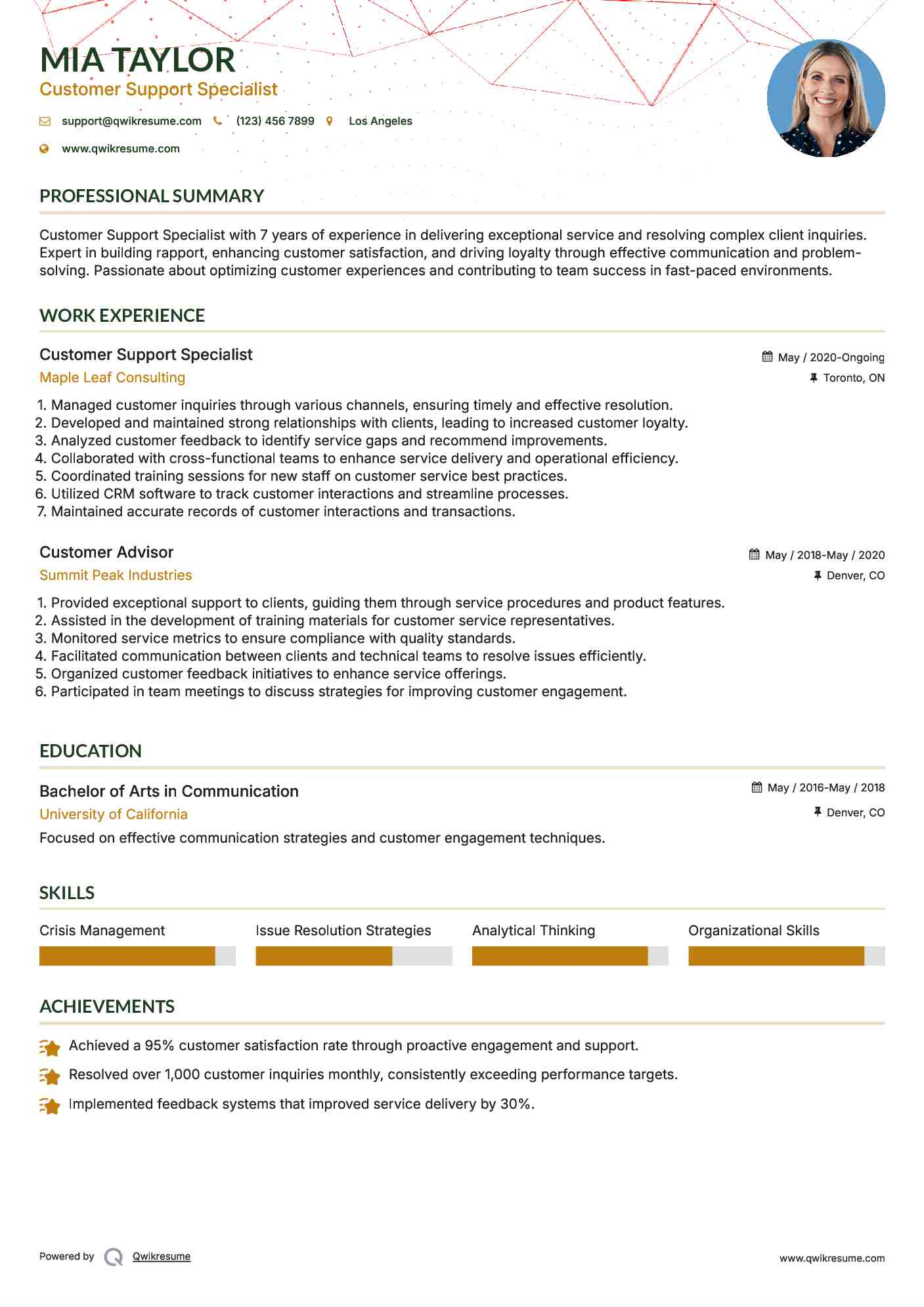Customer Support Specialist Resume Sample