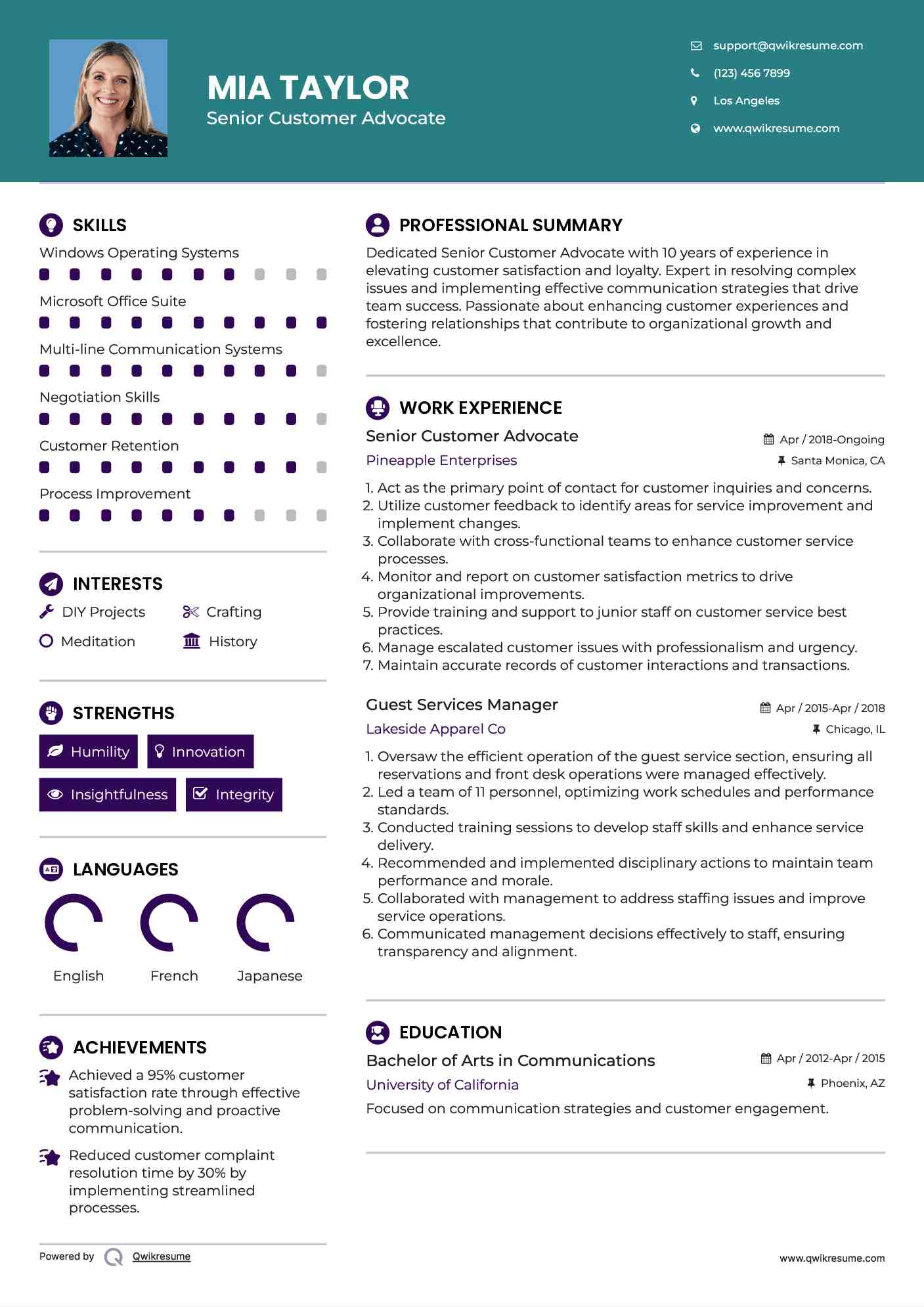 Senior Customer Advocate Resume Format