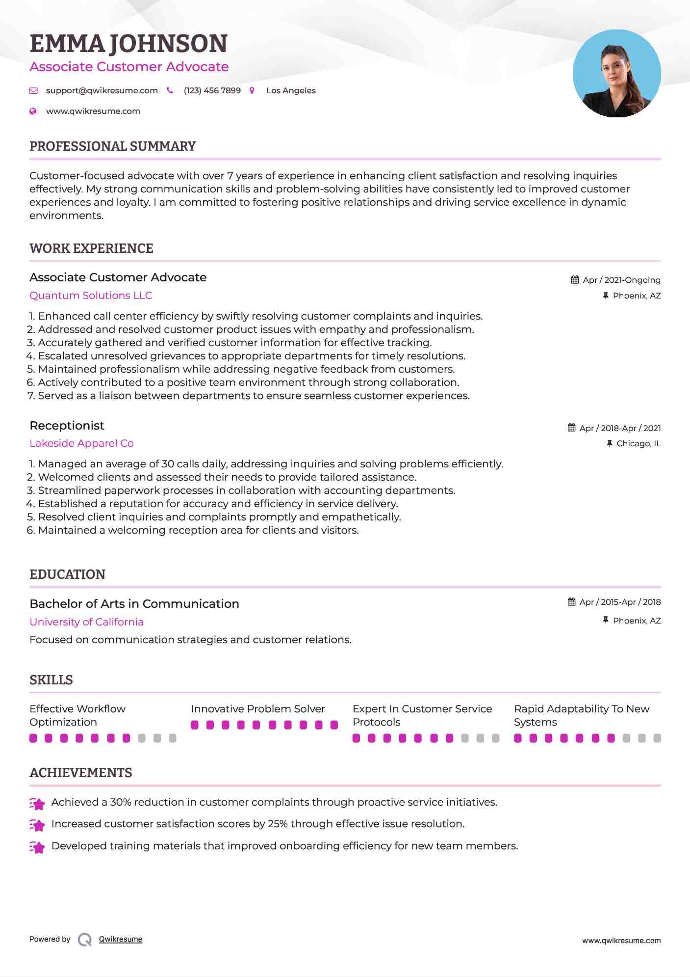Associate Customer Advocate Resume Sample