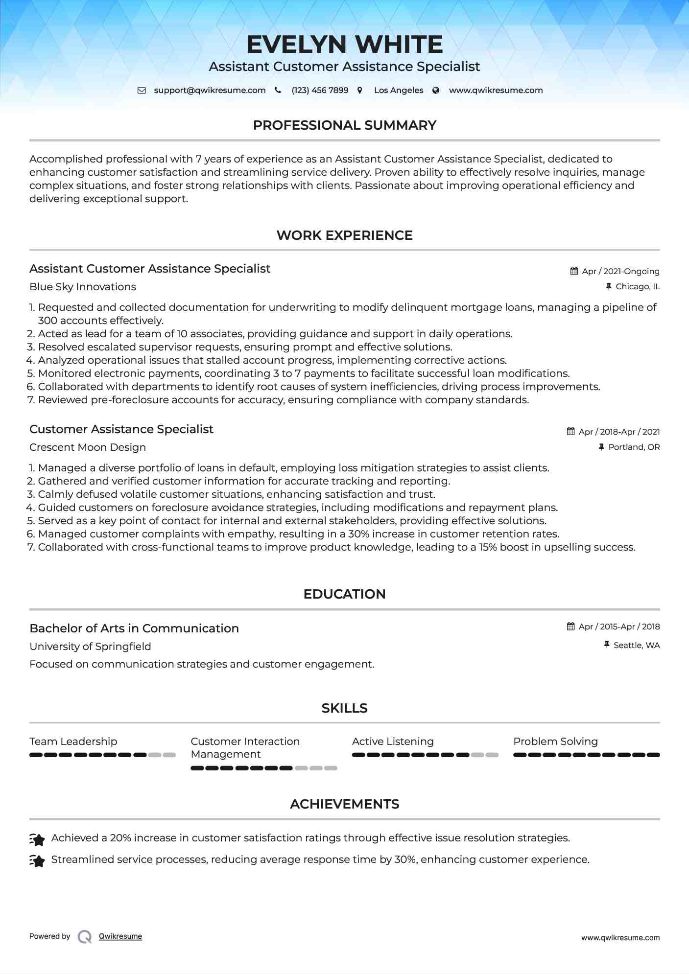 Assistant Customer Assistance Specialist Resume Example