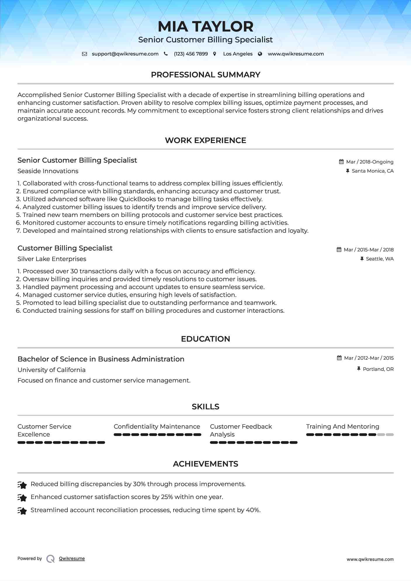 Senior Customer Billing Specialist Resume Model