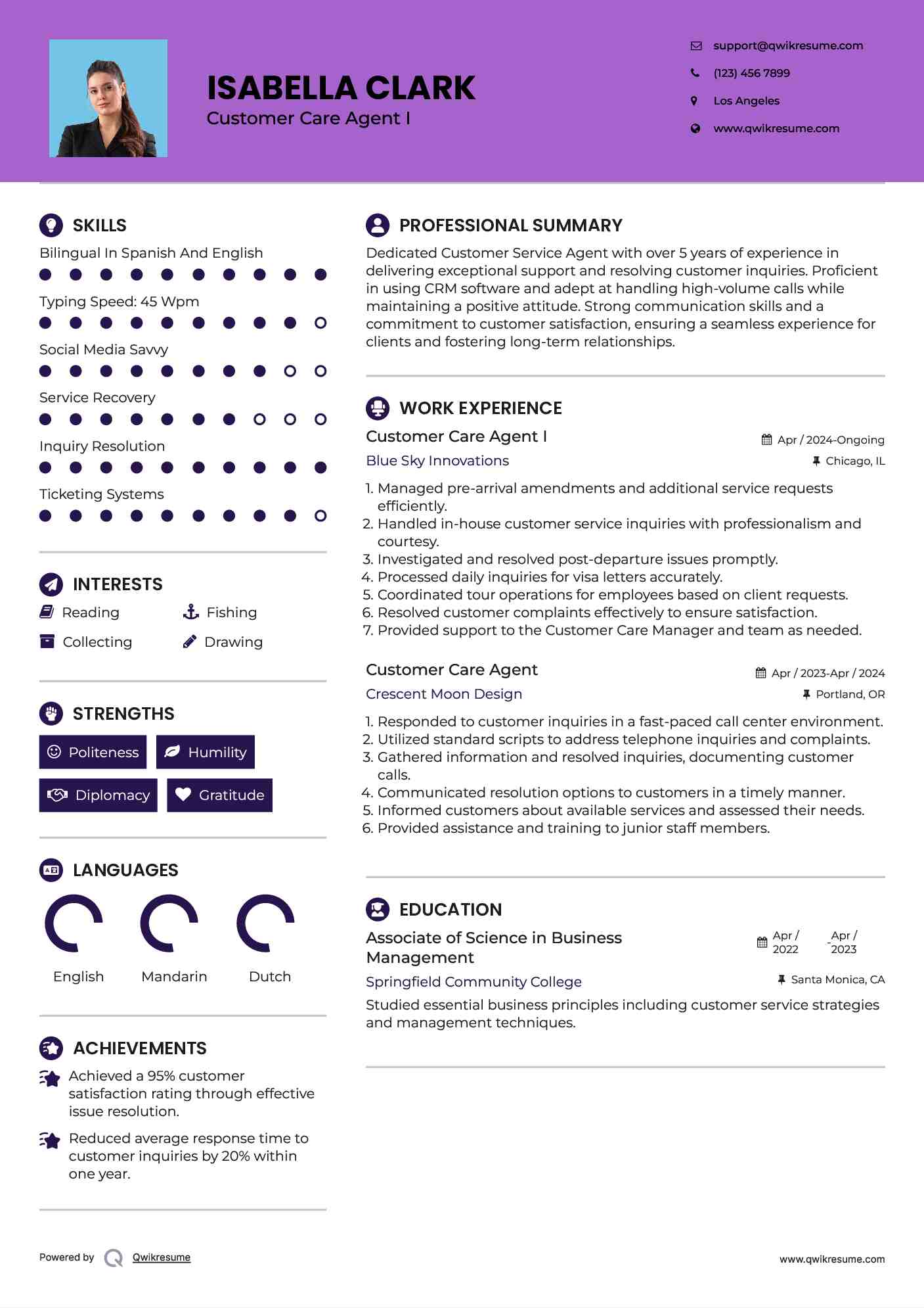 Customer Care Agent I Resume Sample