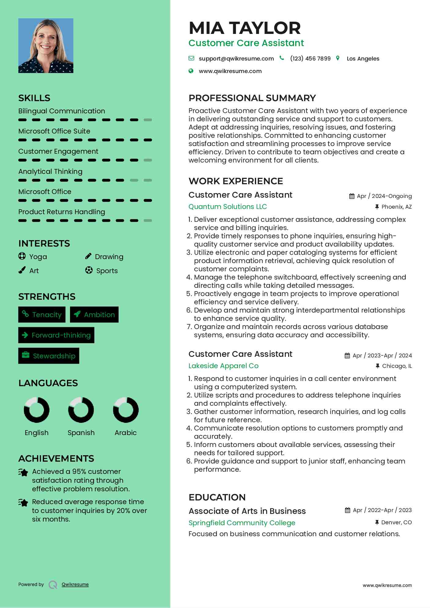 Customer Care Assistant Resume Template