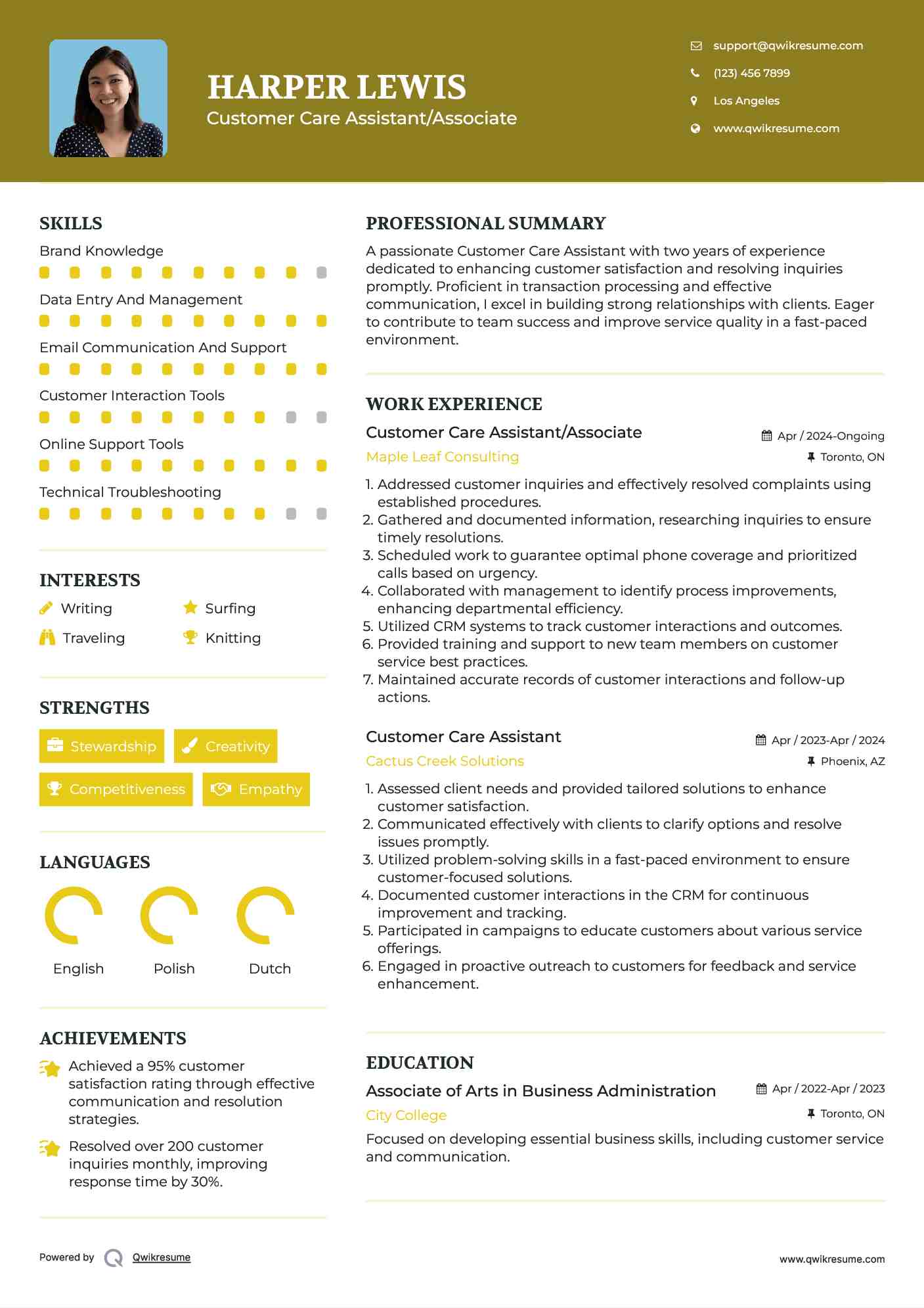 Customer Care Assistant/Associate Resume Example