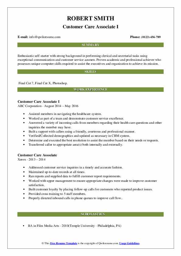Customer Care Associate Resume - Customer Care Associate 1559644158 Pdf 