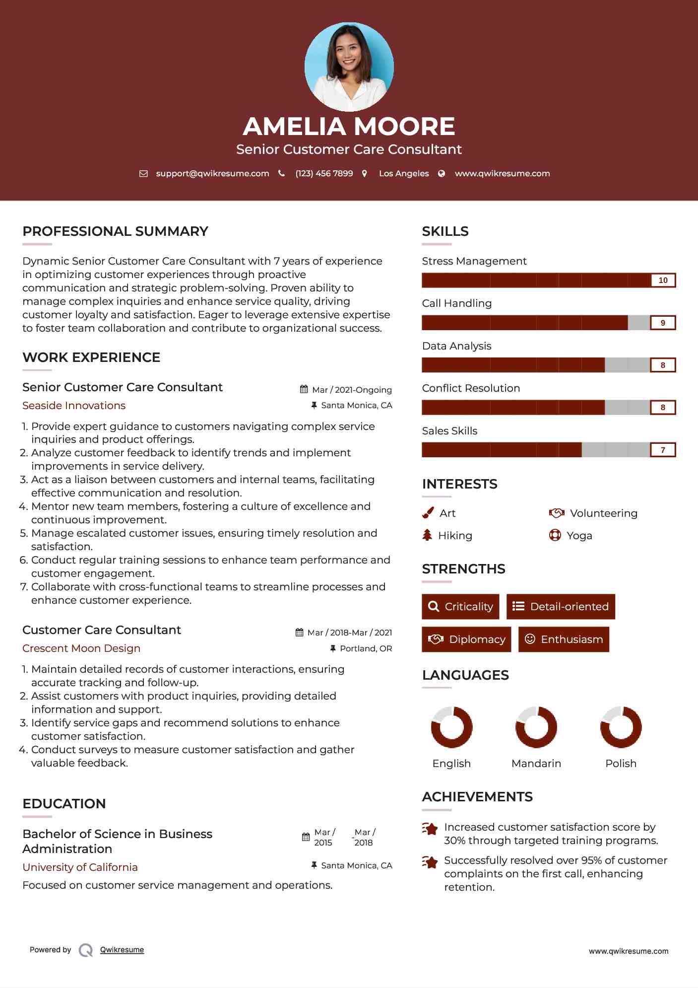 Senior Customer Care Consultant  Resume Format