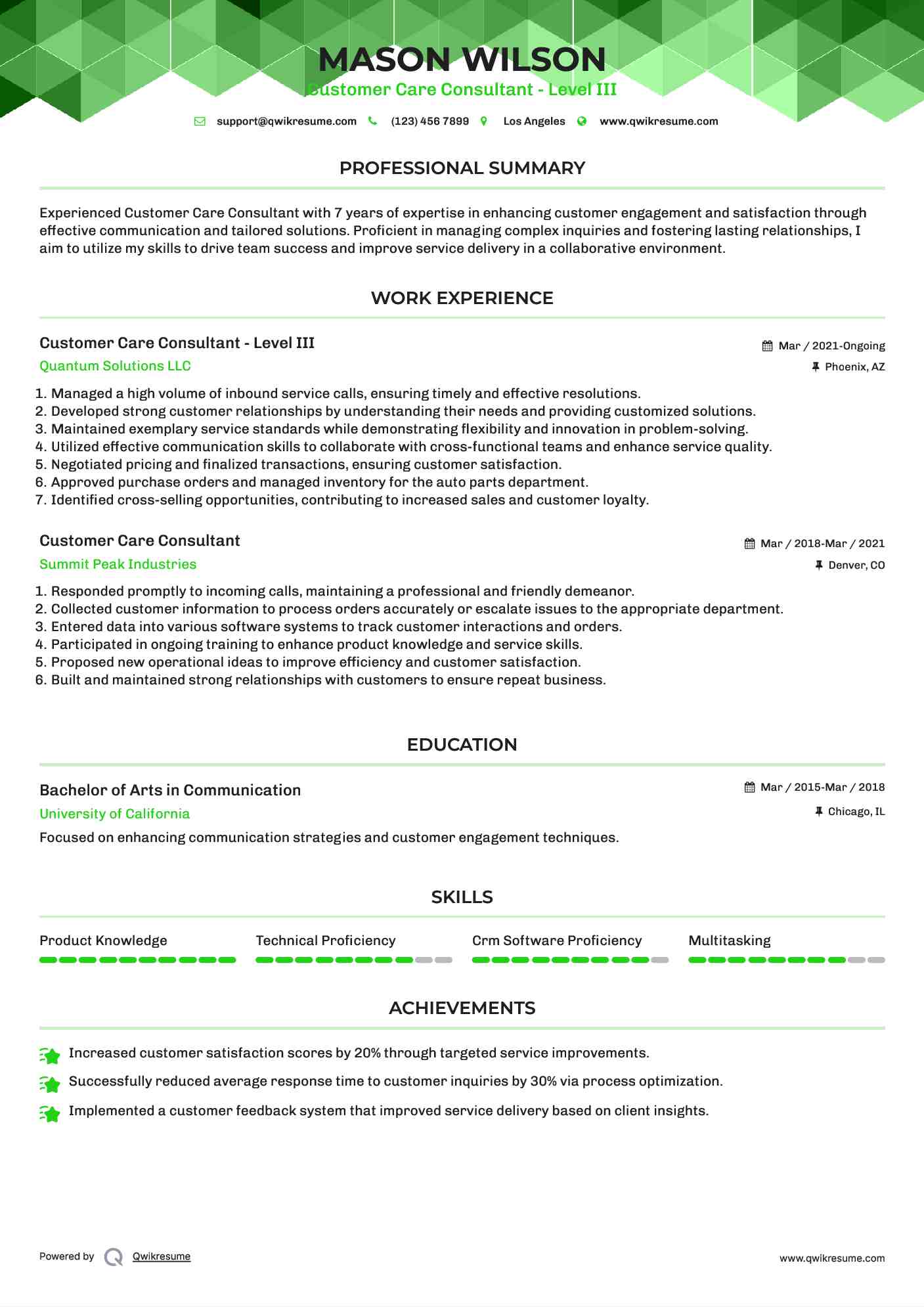 Customer Care Consultant - Level III Resume Example