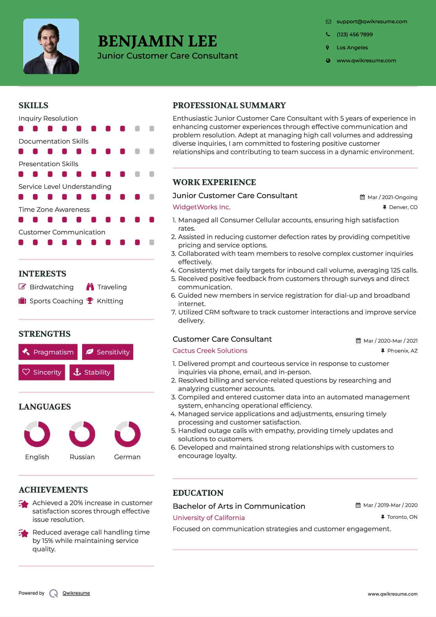 Junior Customer Care Consultant  Resume Model