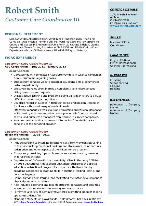 Customer Care Coordinator Resume Samples QwikResume