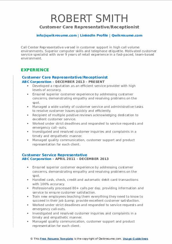 Customer Care Representative Resume Samples QwikResume