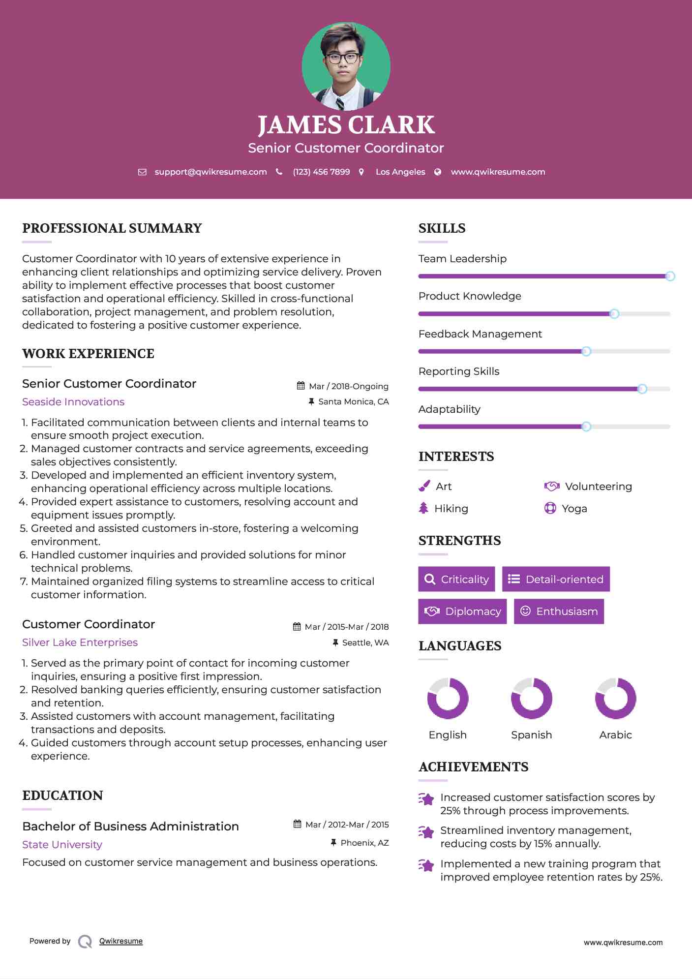 Senior Customer Coordinator Resume Example