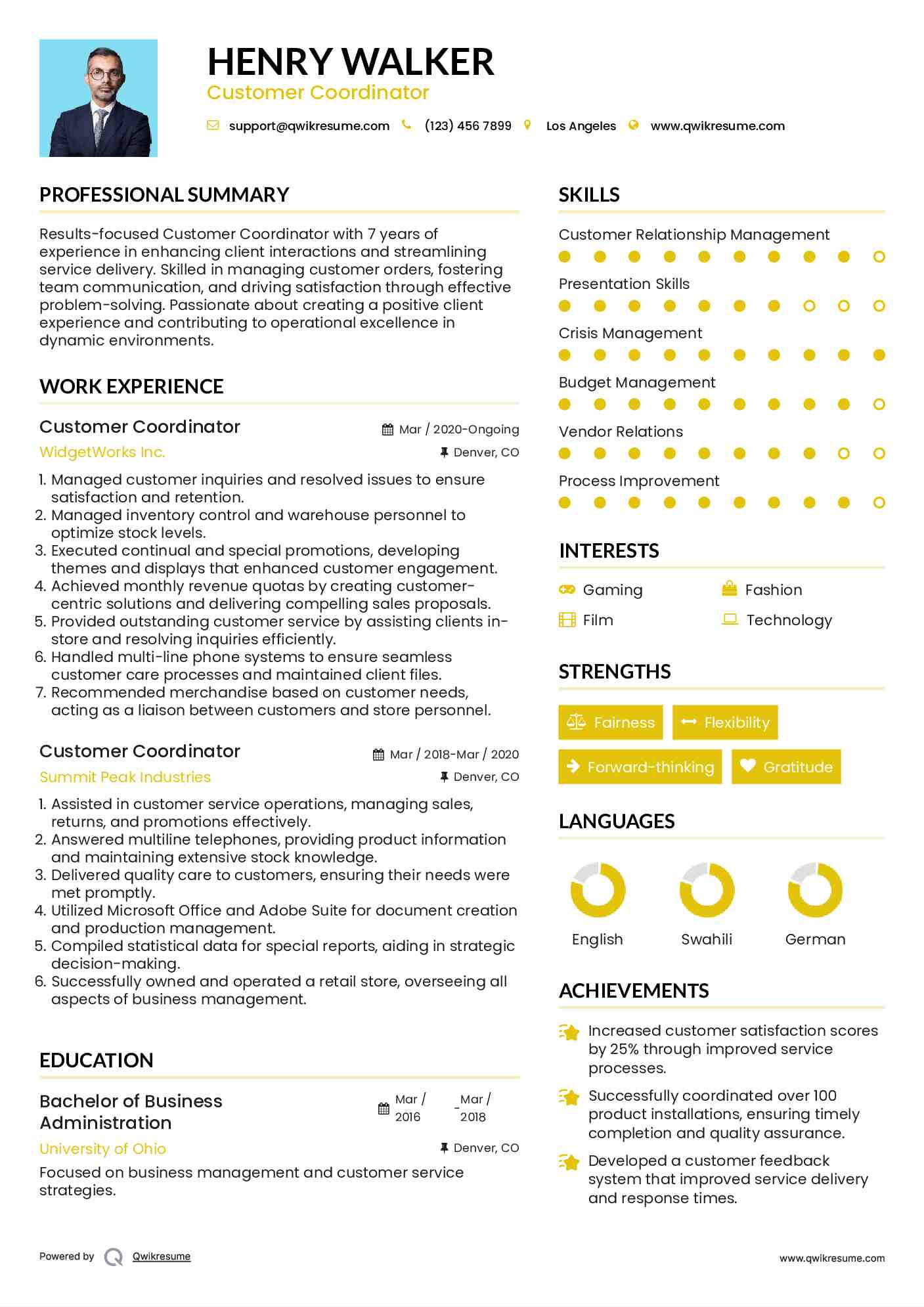 Customer Coordinator Resume Format