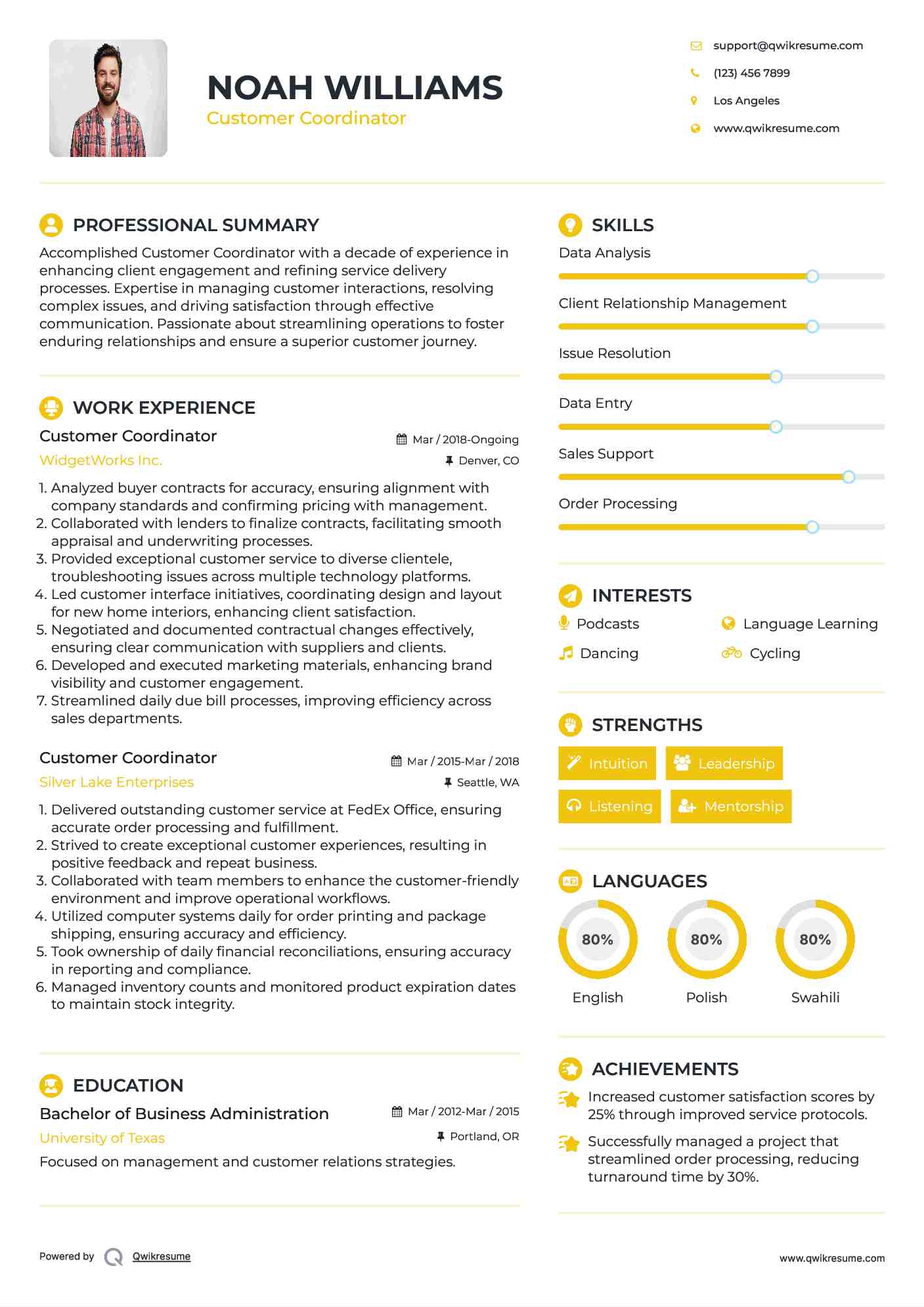 Customer Coordinator Resume Format