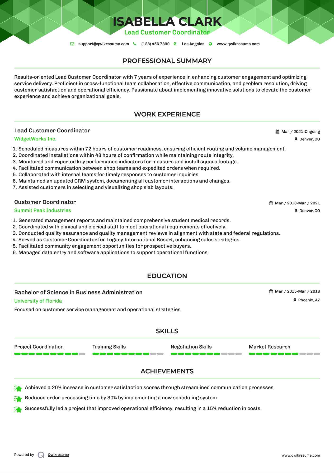 Lead Customer Coordinator Resume Sample