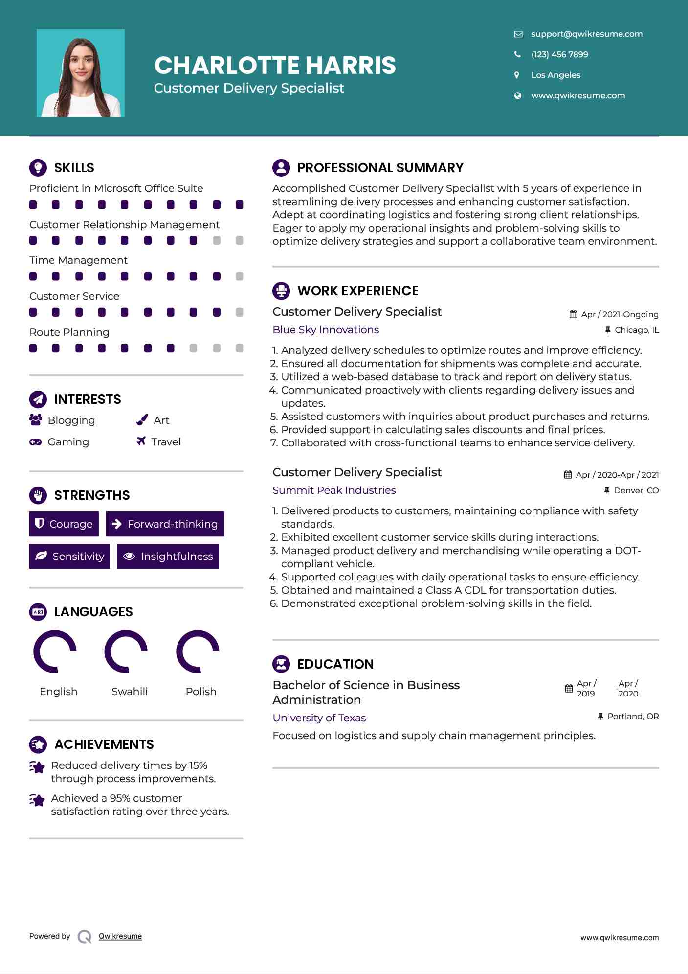 Customer Delivery Specialist Resume Format