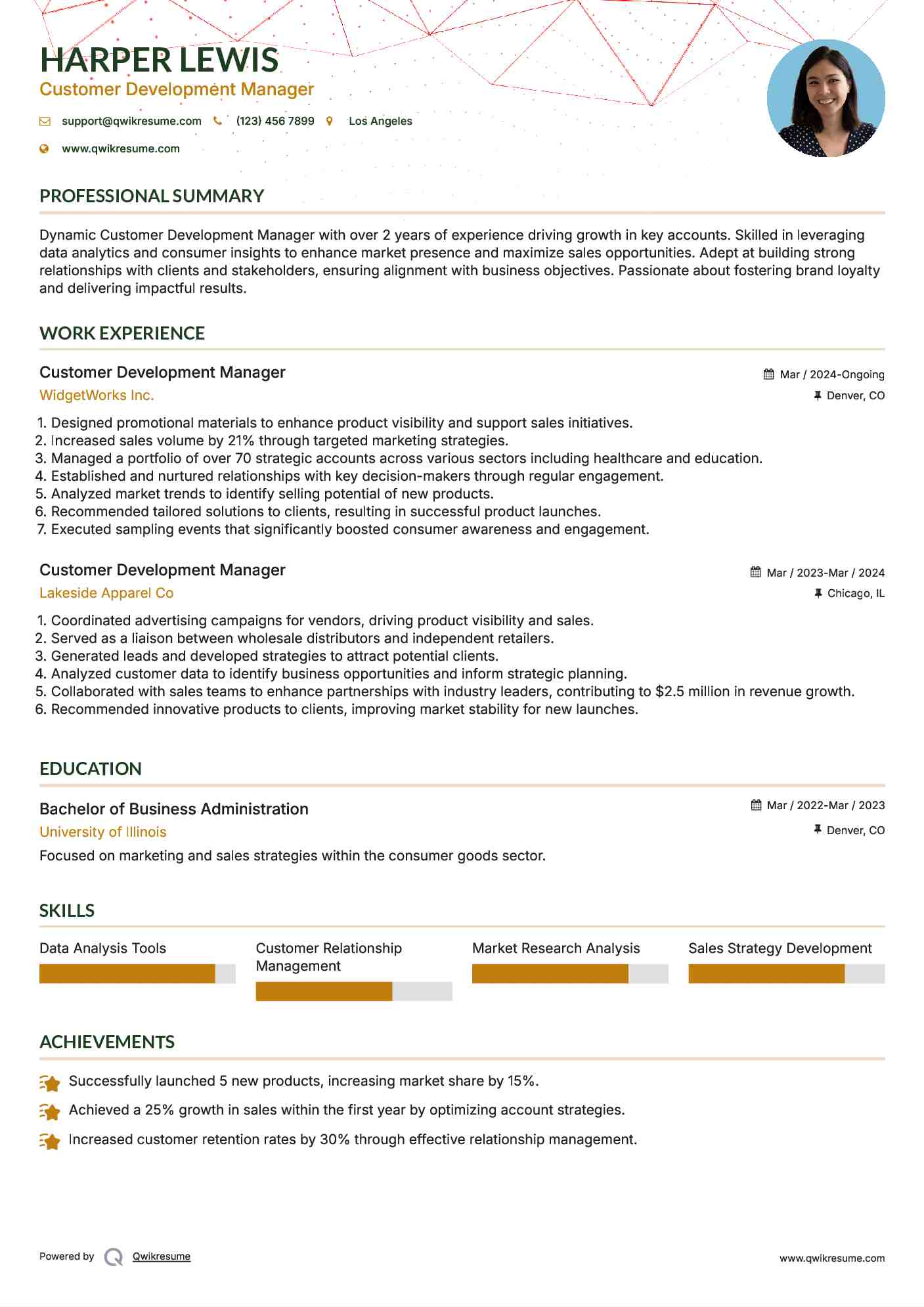 Customer Development Manager Resume Example
