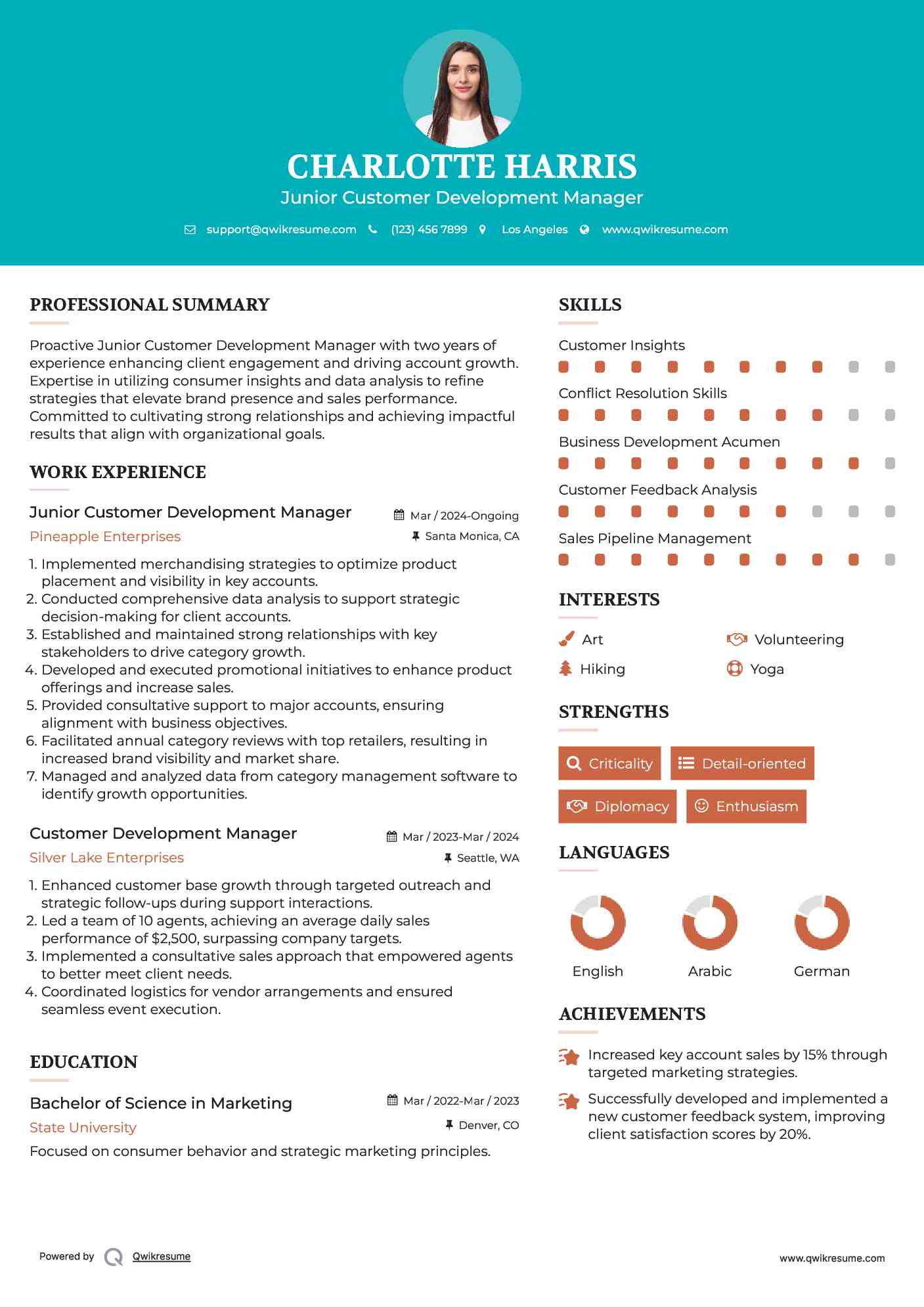 Junior Customer Development Manager Resume Sample