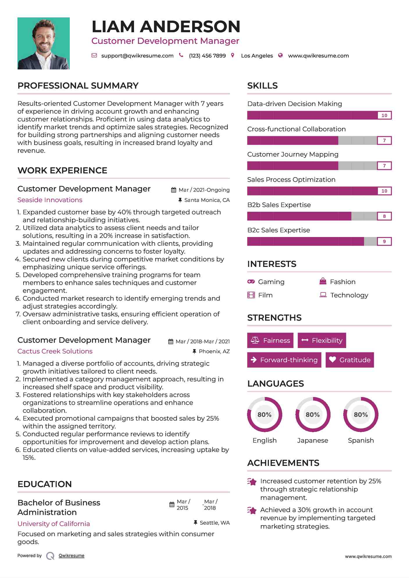 Customer Development Manager Resume Example