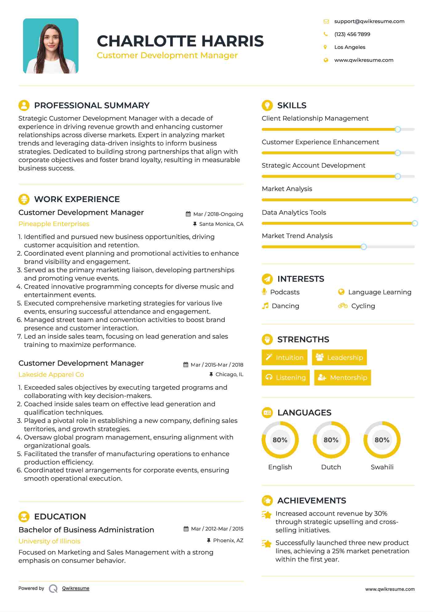 Customer Development Manager Resume Example