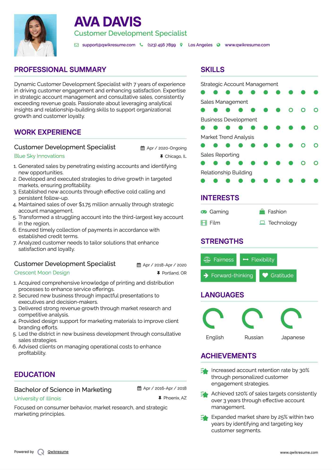 Customer Development Specialist Resume Sample