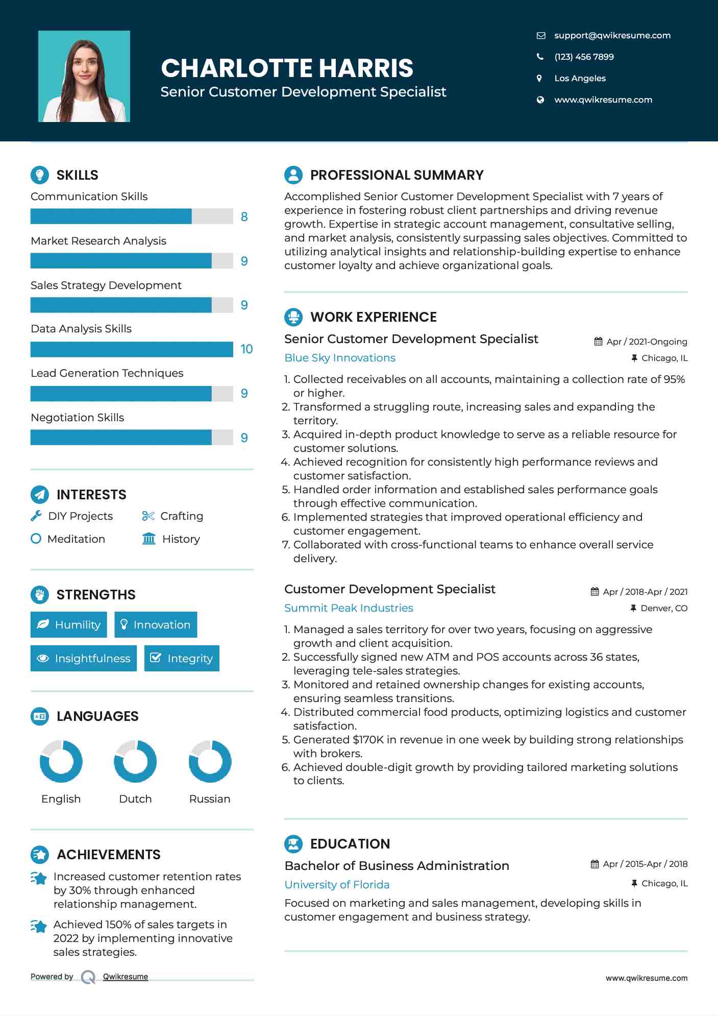 Senior Customer Development Specialist Resume Model