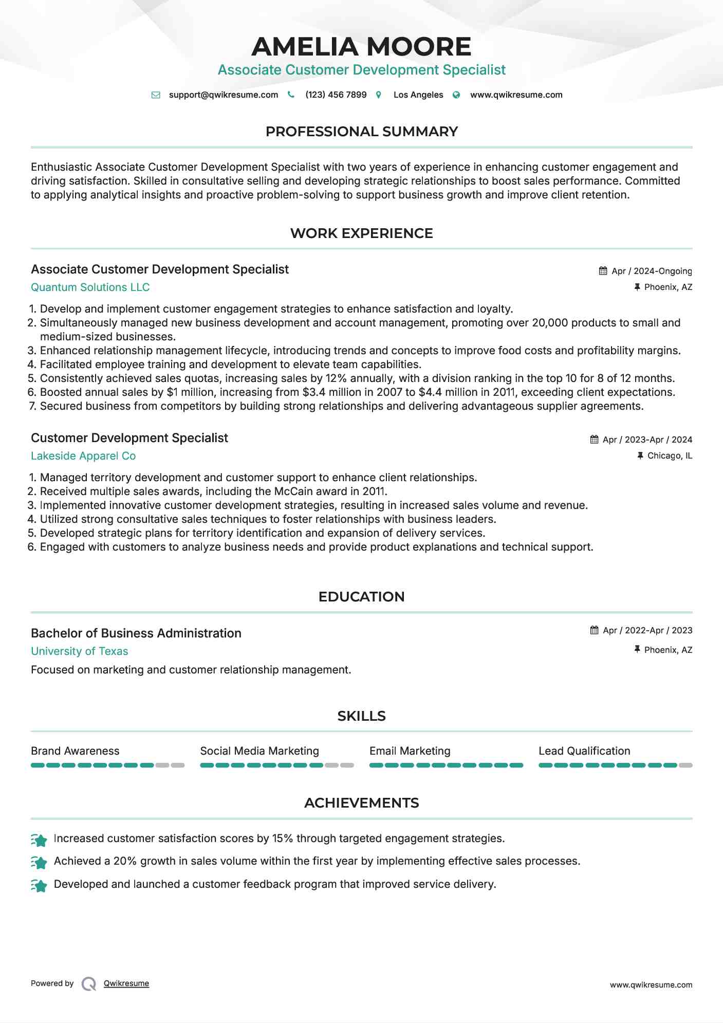 Associate Customer Development Specialist Resume Sample