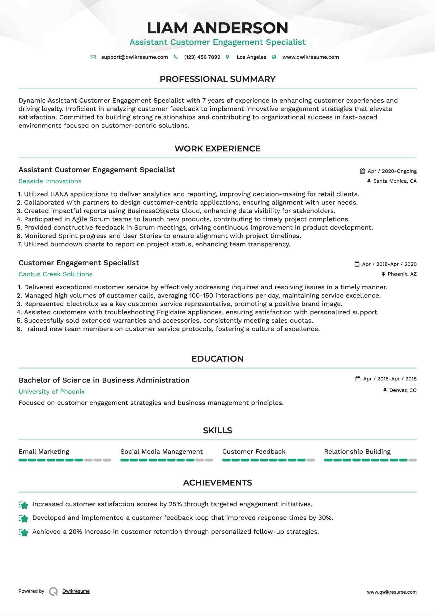 Assistant Customer Engagement Specialist Resume Format