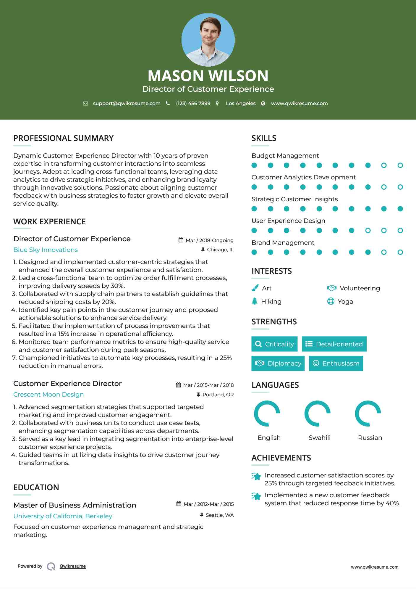 Director of Customer Experience
 Resume Sample