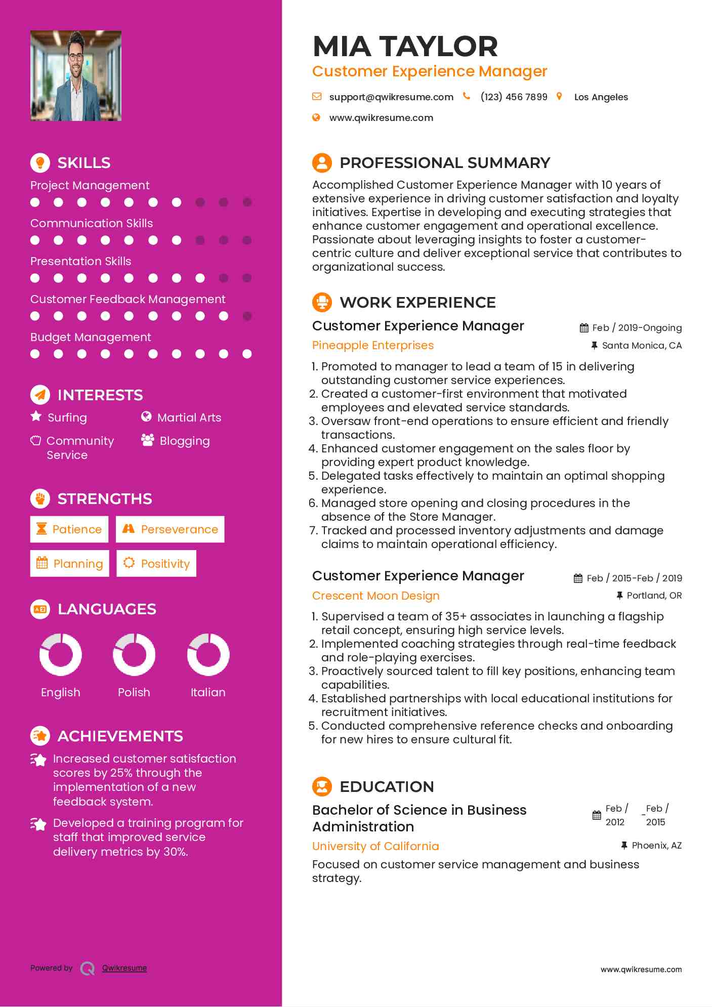 Customer Experience Manager Resume Sample