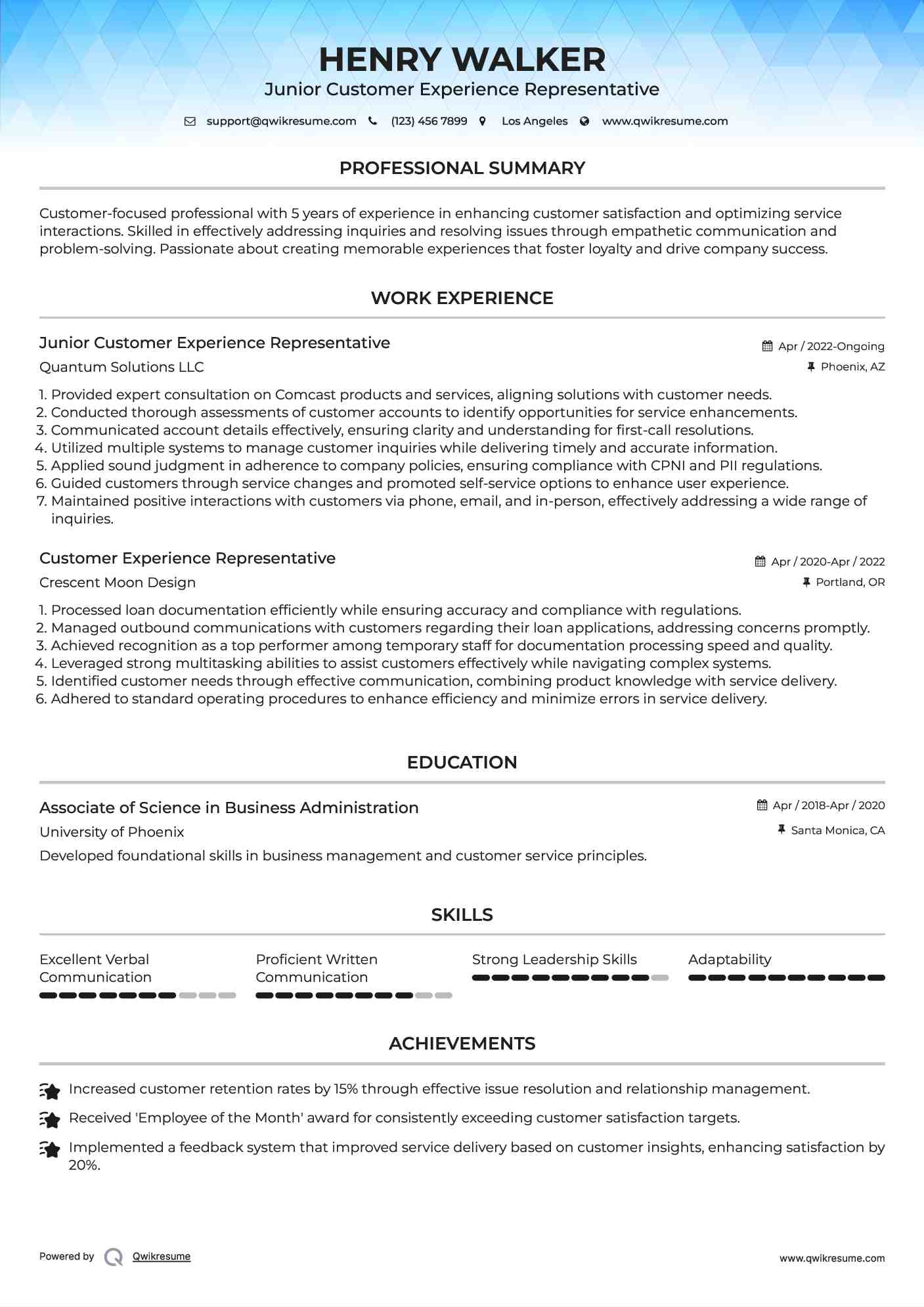 Junior Customer Experience Representative Resume Model