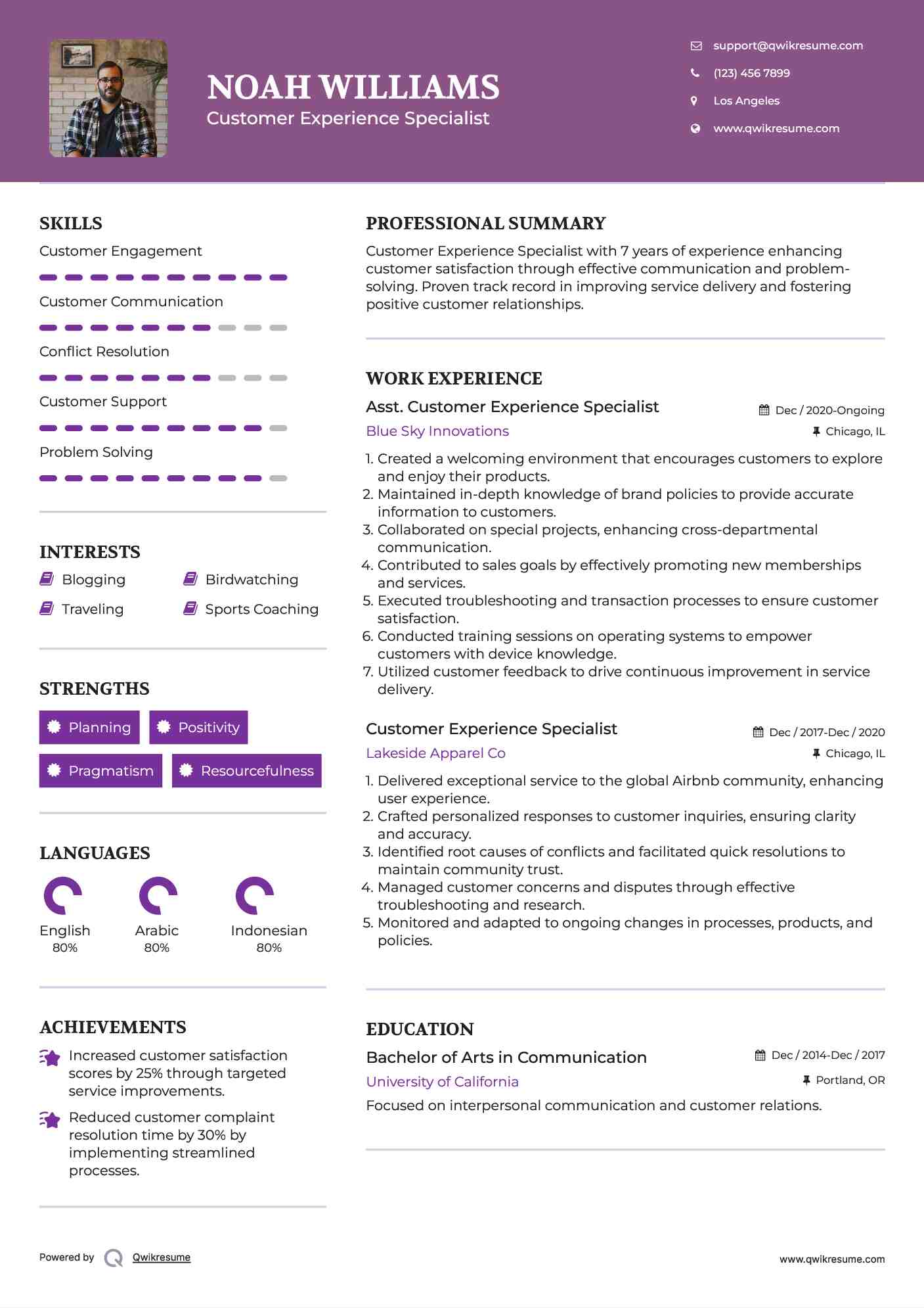 Asst. Customer Experience Specialist Resume Sample