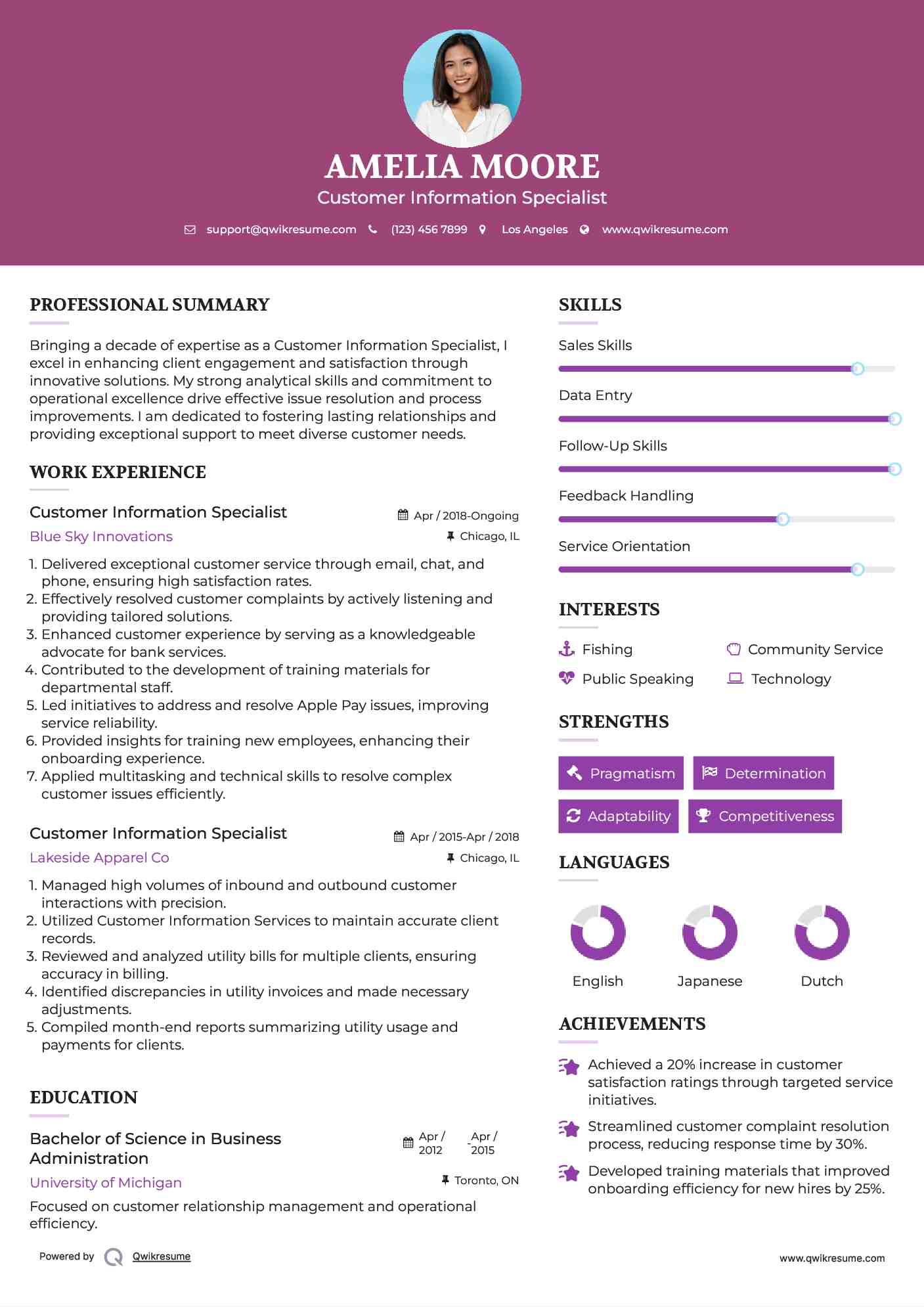 Customer Information Specialist Resume Sample