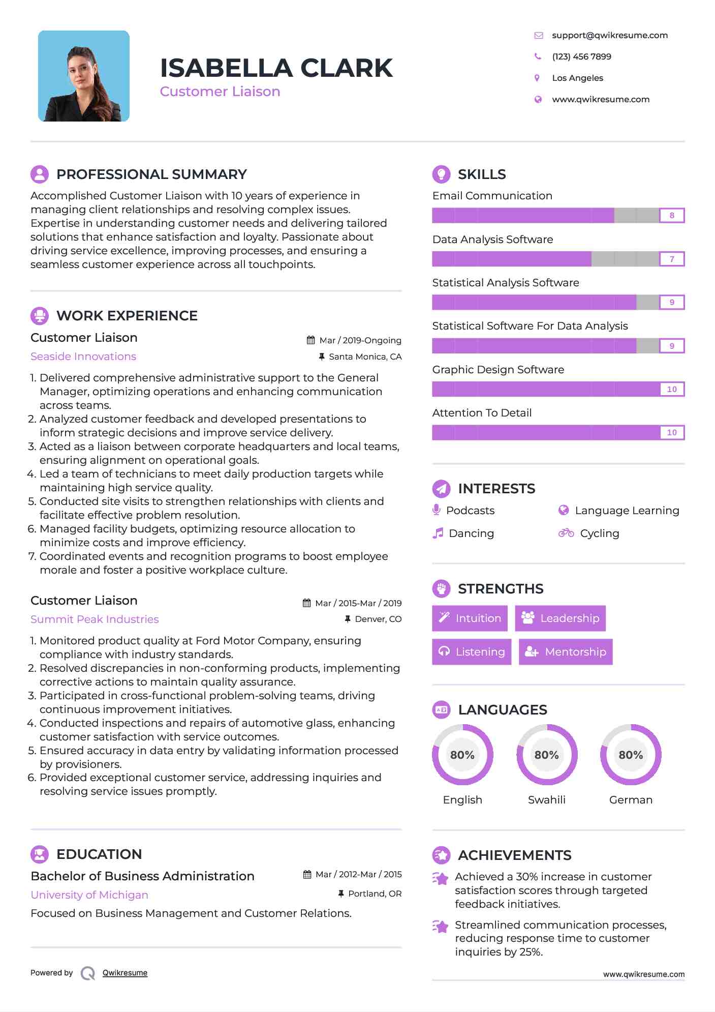 Customer Liaison Resume Sample