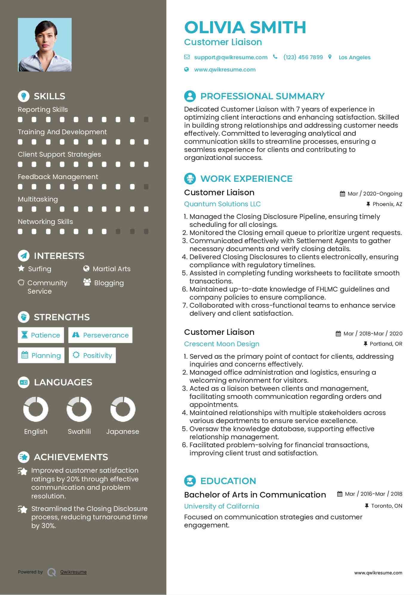 Customer Liaison Resume Sample